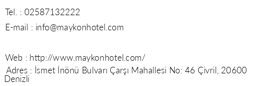 Maykon Hotel telefon numaralar, faks, e-mail, posta adresi ve iletiim bilgileri